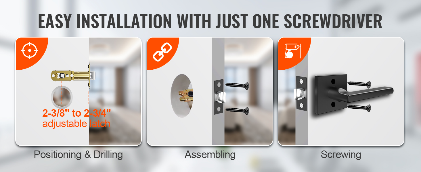 installation steps for VEVOR passage door handle: positioning, assembling, screwing with adjustable latch.