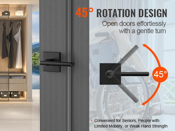 VEVOR passage door handle with 45° rotation shown on modern wardrobe and accessible room.