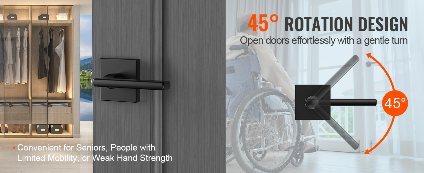 VEVOR passage door handle with 45° rotation shown on modern wardrobe and accessible room.