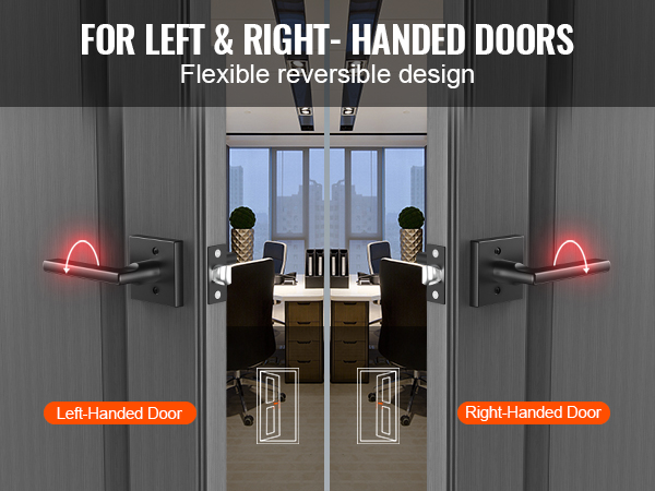 VEVOR passage door handle for left and right-handed doors with flexible reversible design in an office setting.
