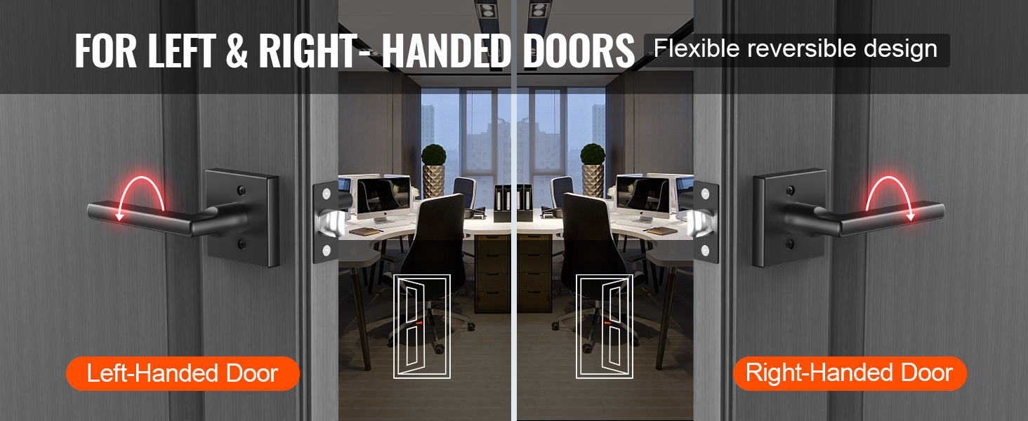 VEVOR passage door handle for left and right-handed doors with flexible reversible design in an office setting.