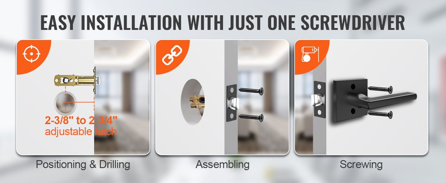 VEVOR passage door handle installation guide showing positioning, assembling, and screwing steps.