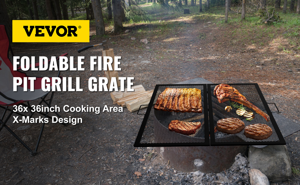 VEVOR fire pit cooking grate with grilled meats in a forest campsite, foldable grill with 36x36 inch area.
