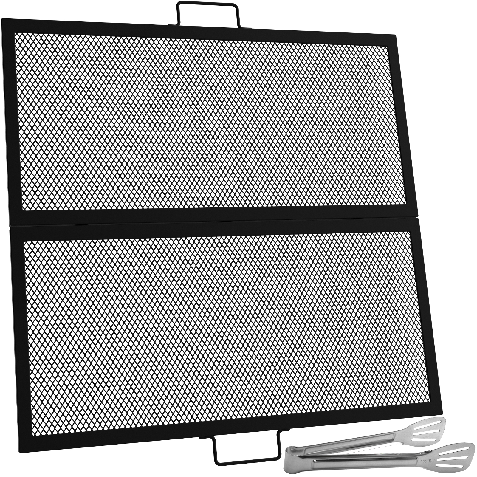 VEVOR fire pit cooking grate with a foldable design and stainless steel tongs.