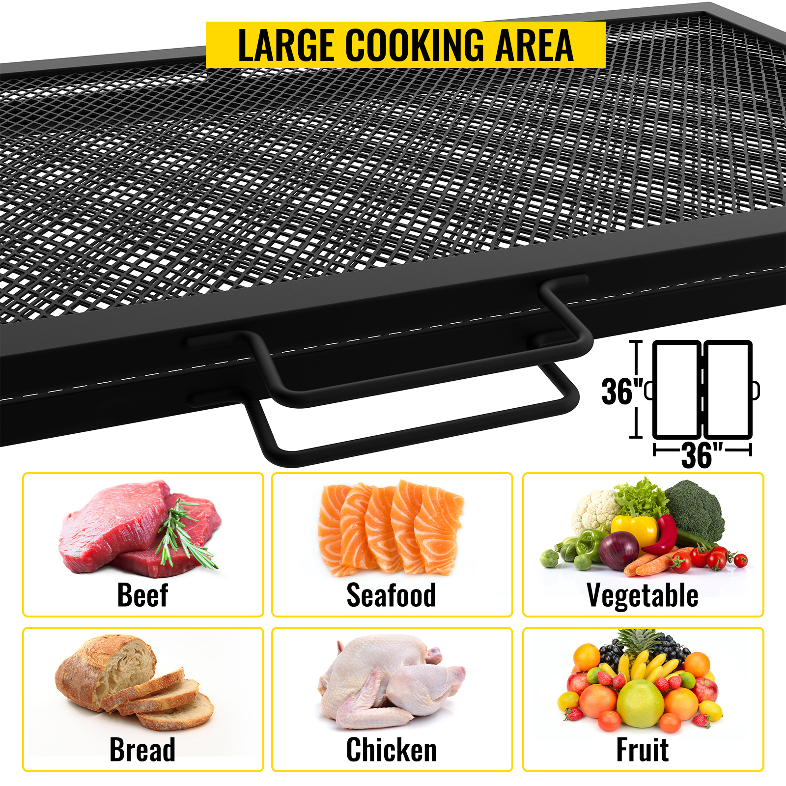VEVOR fire pit cooking grate with large cooking area, grilling beef, seafood, vegetables, bread, chicken, and fruit.