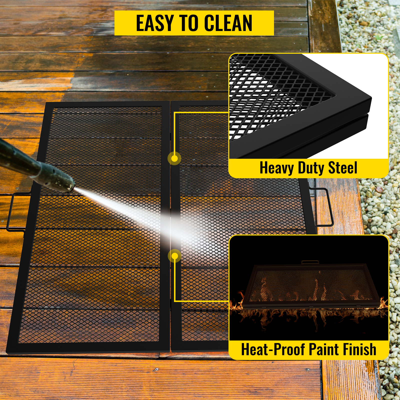 heavy duty steel VEVOR fire pit cooking grate with heat-proof paint being cleaned with a hose.