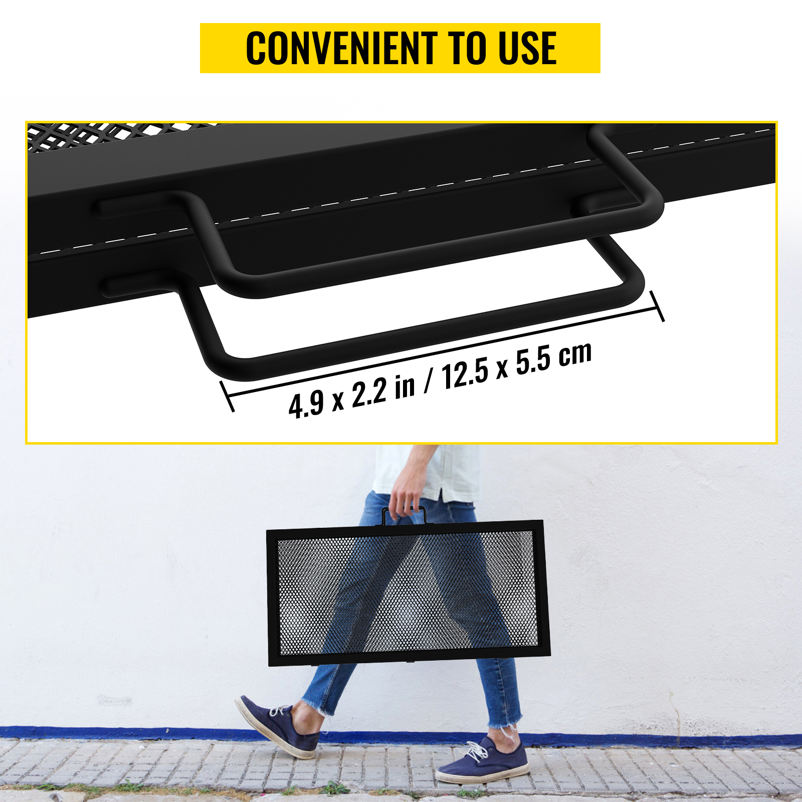 person carrying the VEVOR fire pit cooking grate with convenient handles, displayed with dimensions.