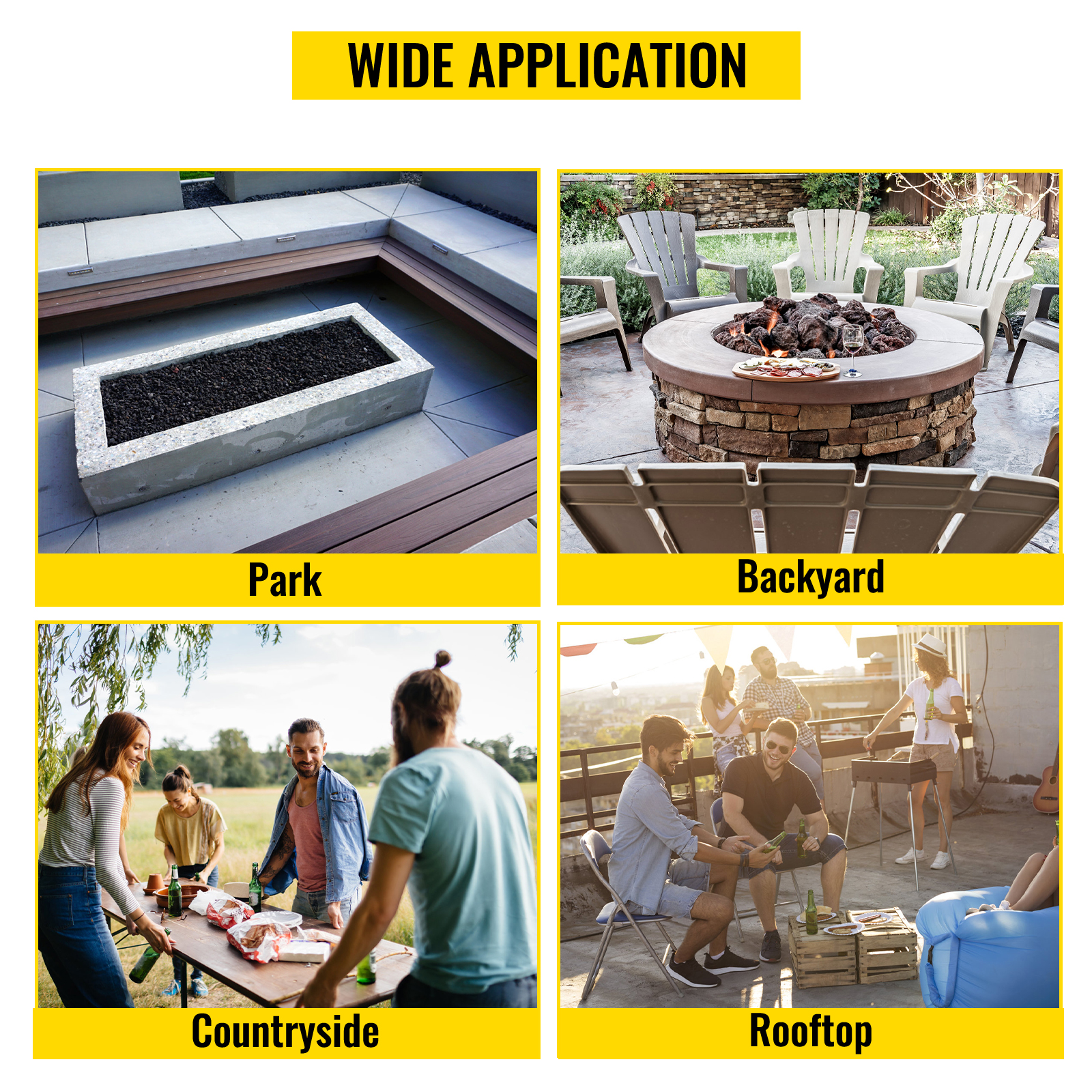 wide application of VEVOR fire pit cooking grate in park, backyard, countryside, and rooftop settings.