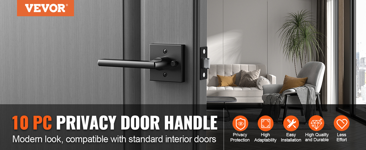 VEVOR privacy door handle set, modern design, compatible with standard interior doors, easy install.