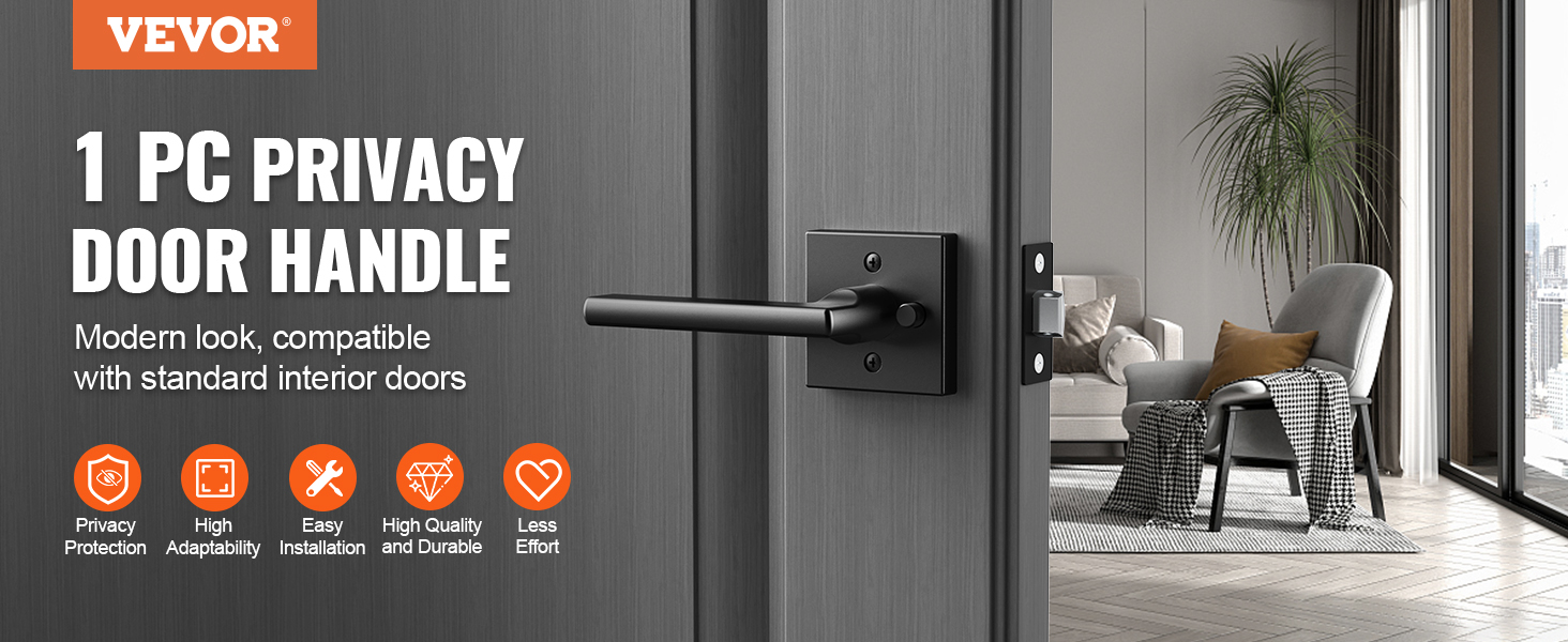 VEVOR privacy door handle on modern gray door, minimalistic living room in the background.