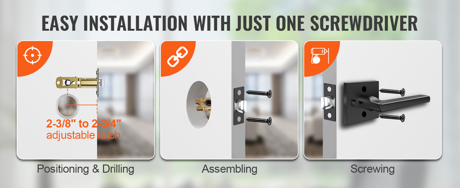 easy installation of VEVOR privacy door handle with one screwdriver. positioning, assembling, and screwing steps.