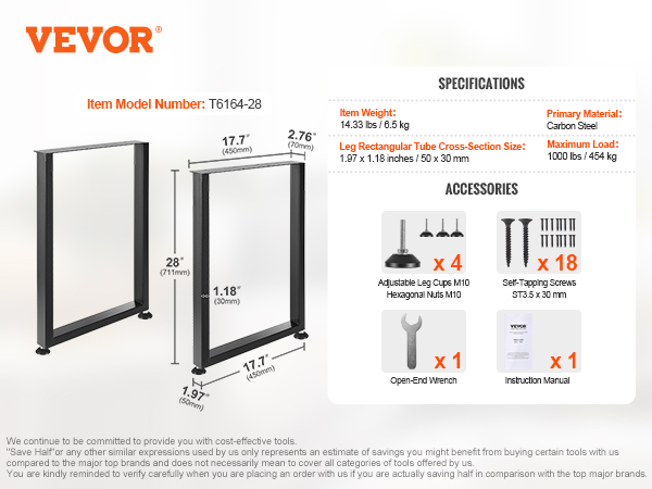 VEVOR adjustable furniture legs t6164-28, carbon steel, max load 1000 lbs, with accessories.
