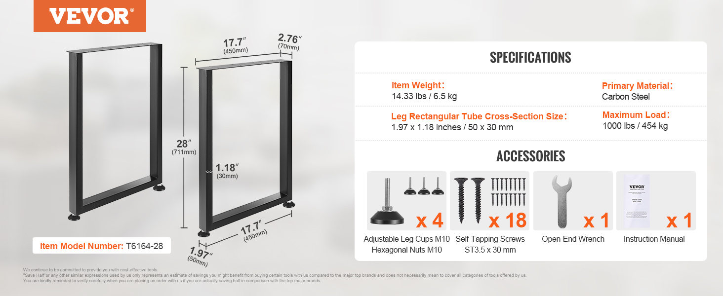 VEVOR adjustable furniture legs t6164-28, carbon steel, max load 1000 lbs, with accessories.