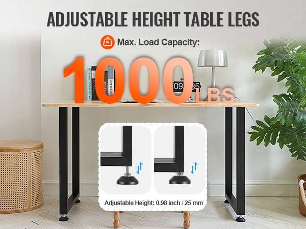 adjustable height table with VEVOR adjustable furniture legs, max load capacity 1000 lbs.