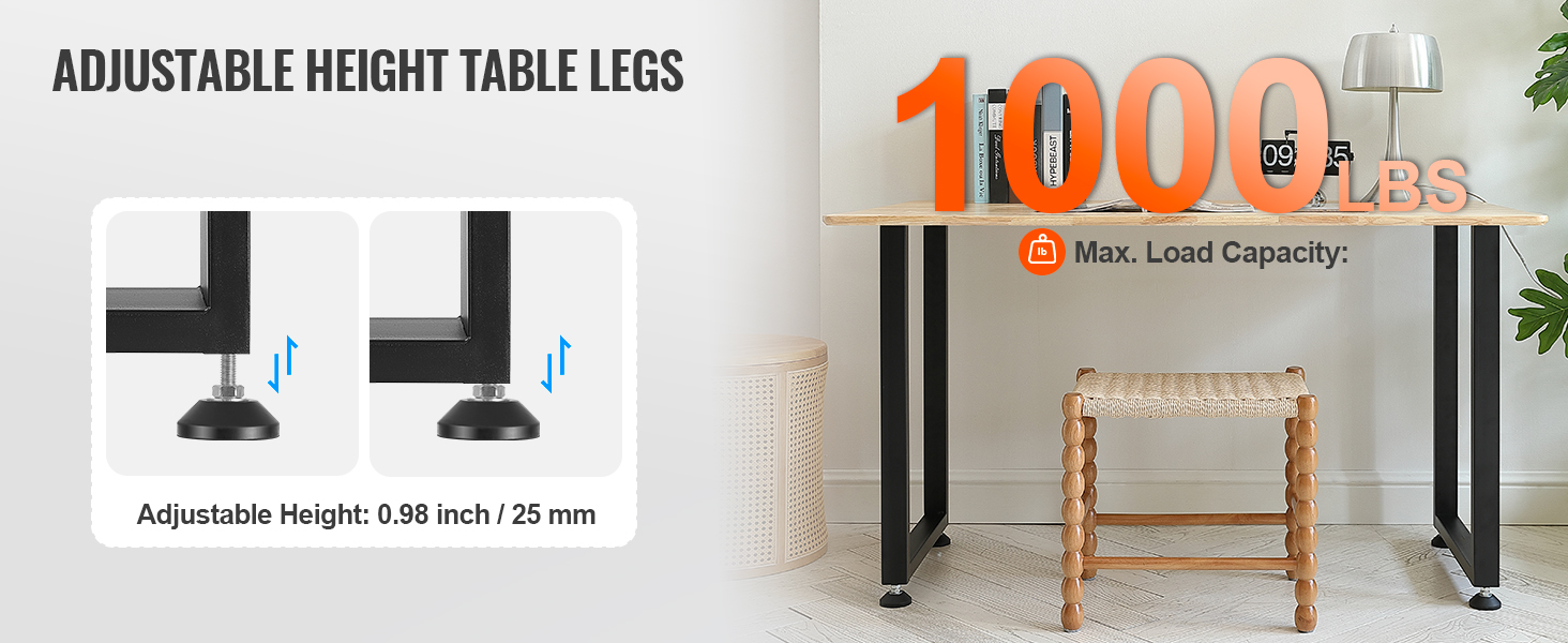 adjustable height table with VEVOR adjustable furniture legs, max load capacity 1000 lbs.