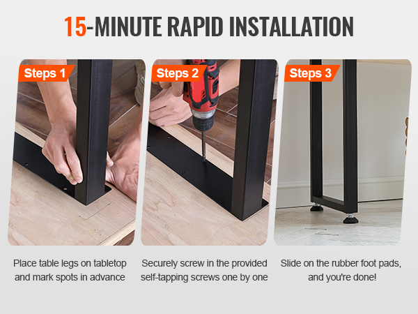 15-minute installation of VEVOR adjustable furniture legs, showing steps 1, 2, and 3.