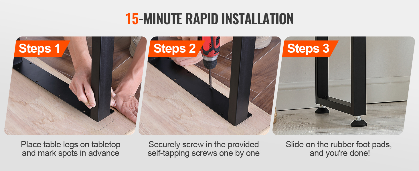 15-minute installation of VEVOR adjustable furniture legs, showing steps 1, 2, and 3.