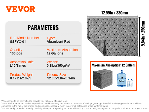 VEVOR spill absorbent pads: 100 pieces, max absorption 12 gallons, 12.99x9.84 inches dimensions.