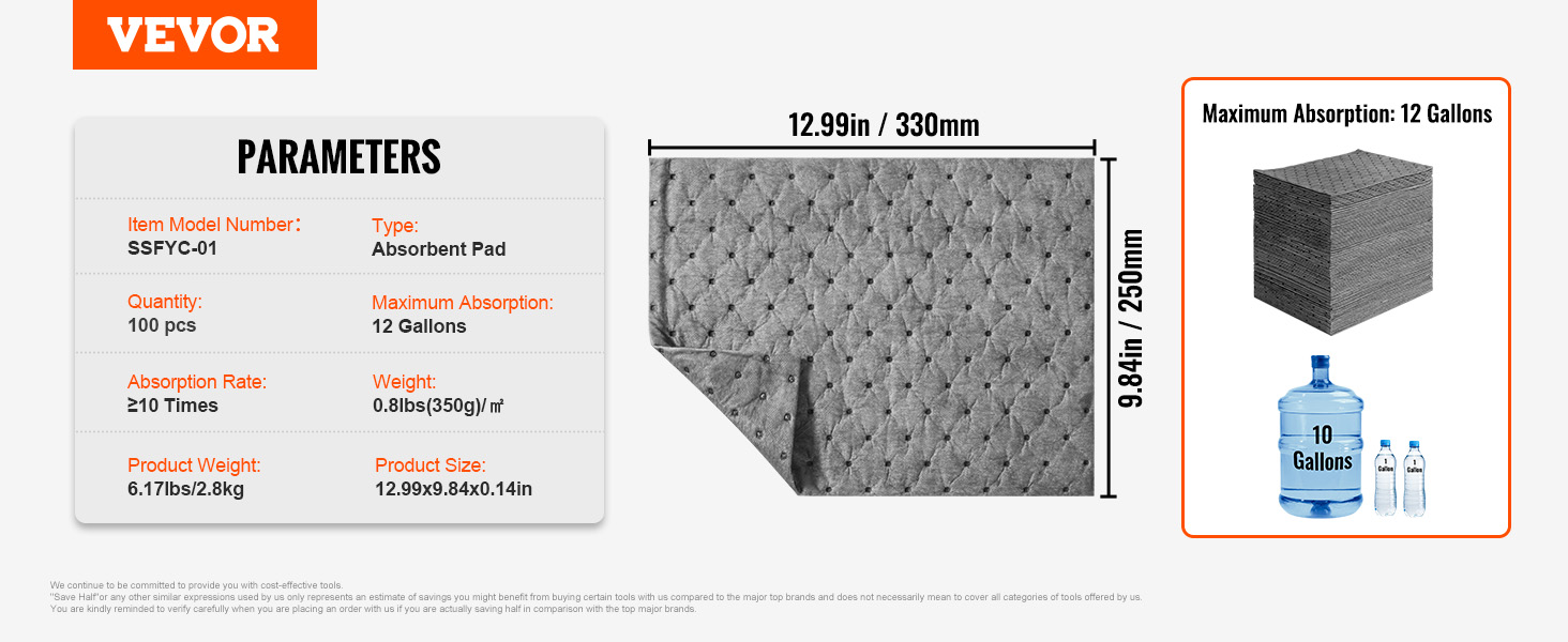 VEVOR spill absorbent pads: 100 pieces, max absorption 12 gallons, 12.99x9.84 inches dimensions.