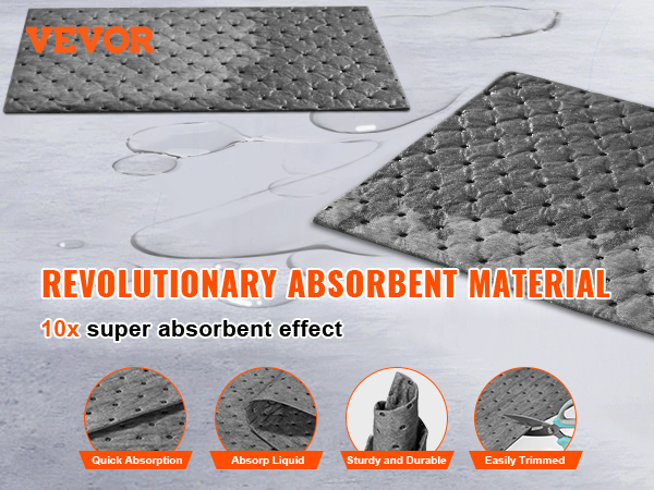 VEVOR spill absorbent pads showing quick absorption, liquid absorbency, sturdy durability, and easy trimming.