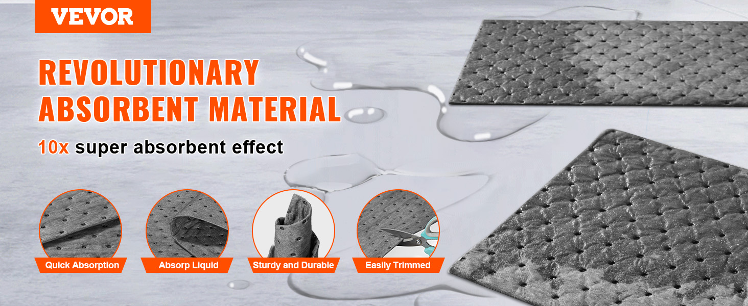 VEVOR spill absorbent pads showing quick absorption, liquid absorbency, sturdy durability, and easy trimming.