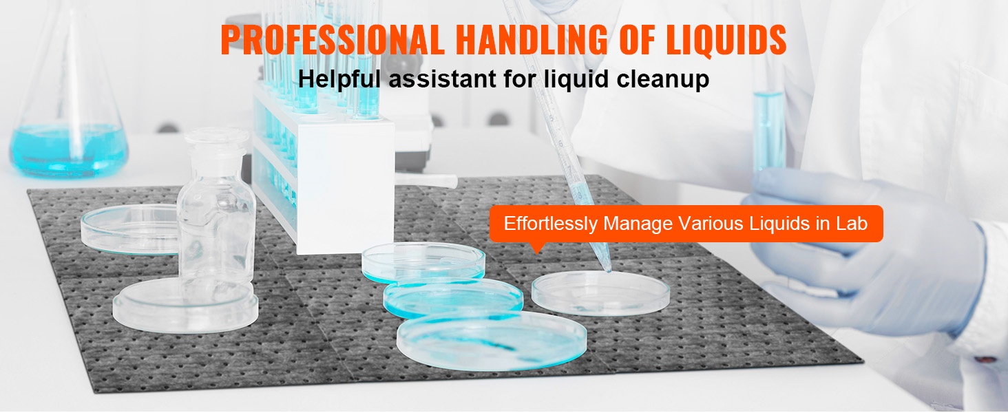lab technician handling liquids on VEVOR spill absorbent pads; various lab glassware for liquid cleanup.