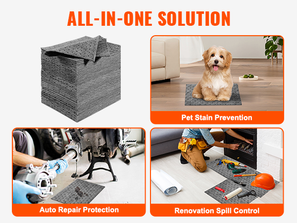 all-in-one solution: pet stain prevention, auto repair protection, renovation spill control with VEVOR spill absorbent pads.