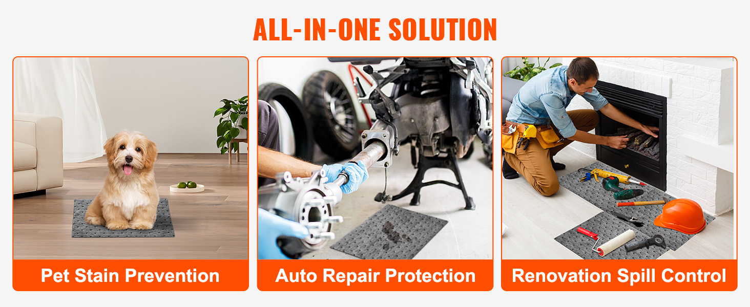 all-in-one solution: pet stain prevention, auto repair protection, renovation spill control with VEVOR spill absorbent pads.