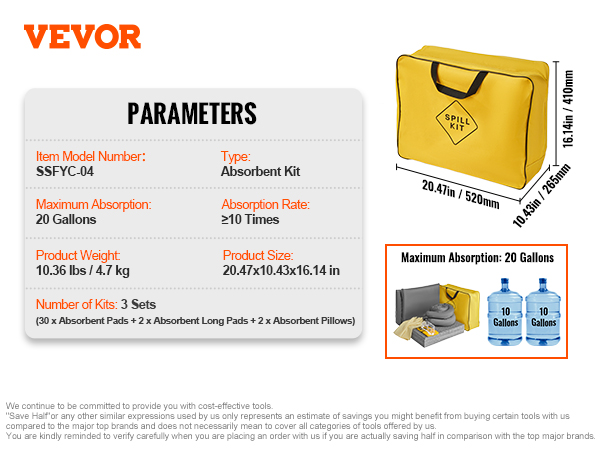 yellow VEVOR universal spill kit bag with dimensions, maximum absorption of 20 gallons, absorbent materials.