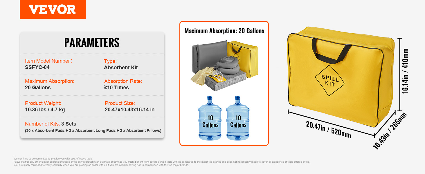 yellow VEVOR universal spill kit bag with dimensions, maximum absorption of 20 gallons, absorbent materials.