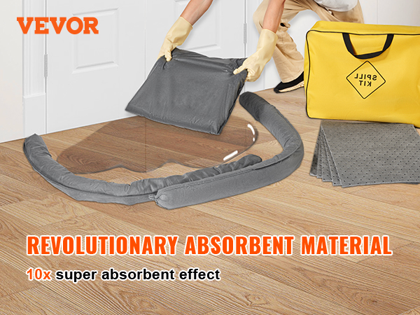 VEVOR universal spill kit highlighting absorbent material, pads, and leak containment tools in yellow bag.