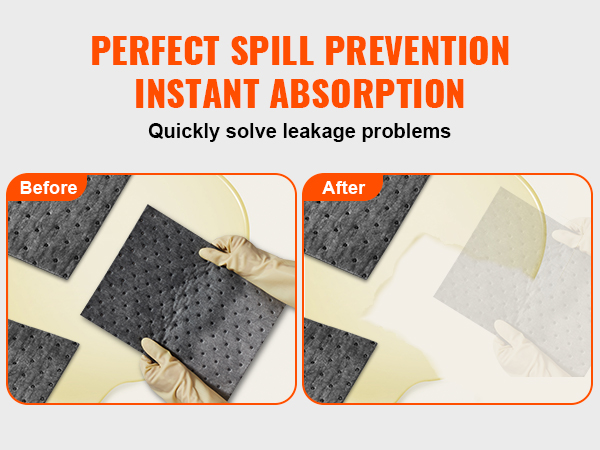 before and after using the VEVOR universal spill kit to absorb liquid spills.