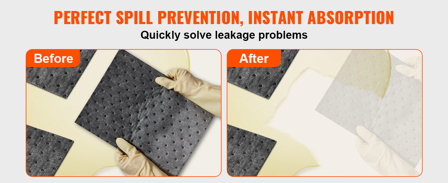 before and after using the VEVOR universal spill kit to absorb liquid spills.