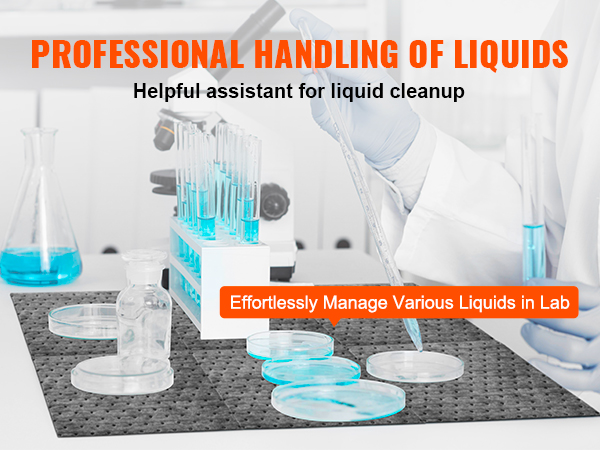 lab technician handling liquids using VEVOR universal spill kit with test tubes and petri dishes.