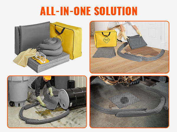workers using VEVOR universal spill kit for oil and chemical cleanup in various industrial settings.