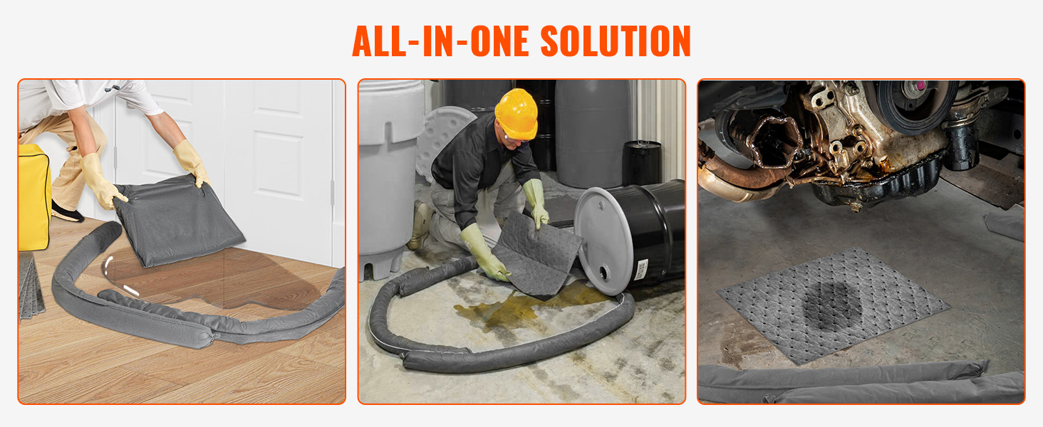 workers using VEVOR universal spill kit for oil and chemical cleanup in various industrial settings.