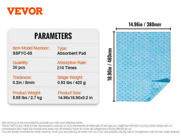 VEVOR absorbent pads: 30 pcs, 14.96x18.90 in, 0.2 in thick, absorbs ≥10 times its weight.