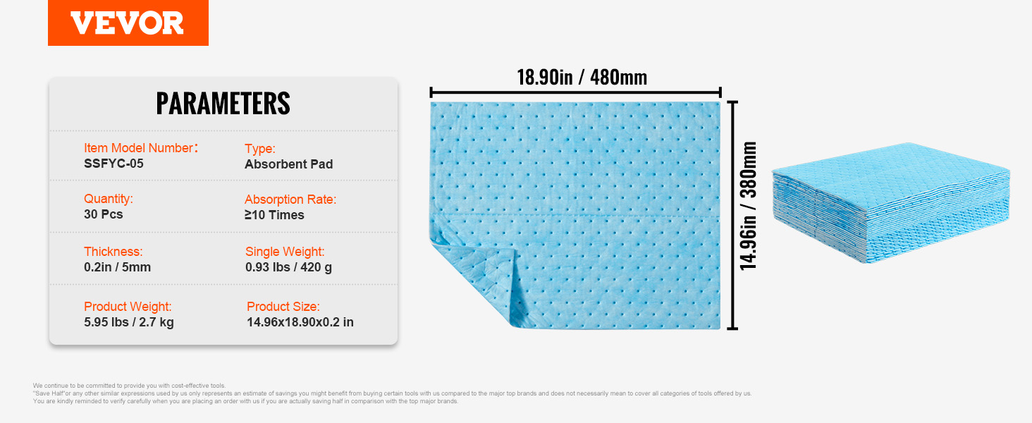 VEVOR absorbent pads: 30 pcs, 14.96x18.90 in, 0.2 in thick, absorbs ≥10 times its weight.