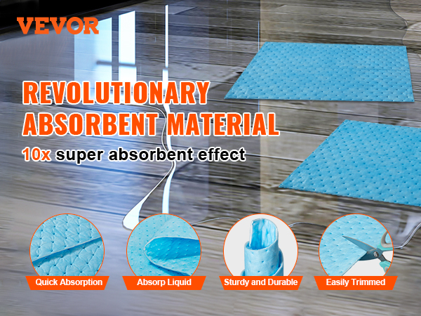 VEVOR absorbent pads offering quick absorption, liquid control, durability, and easy trimming.