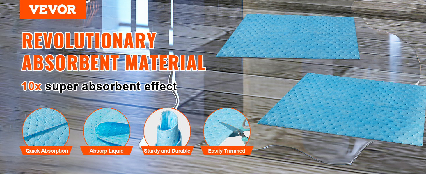 VEVOR absorbent pads offering quick absorption, liquid control, durability, and easy trimming.