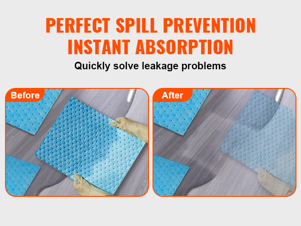 before and after using blue VEVOR absorbent pads showing spill prevention and instant absorption.