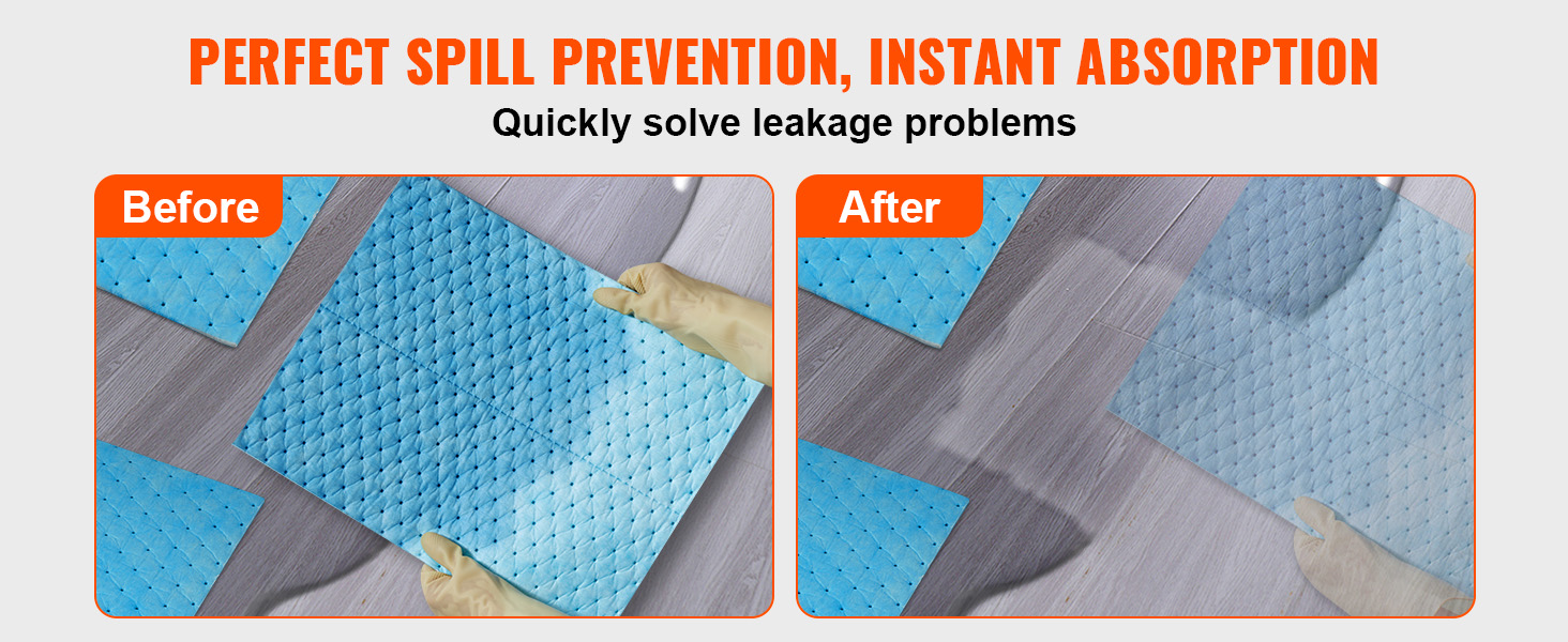 before and after using blue VEVOR absorbent pads showing spill prevention and instant absorption.