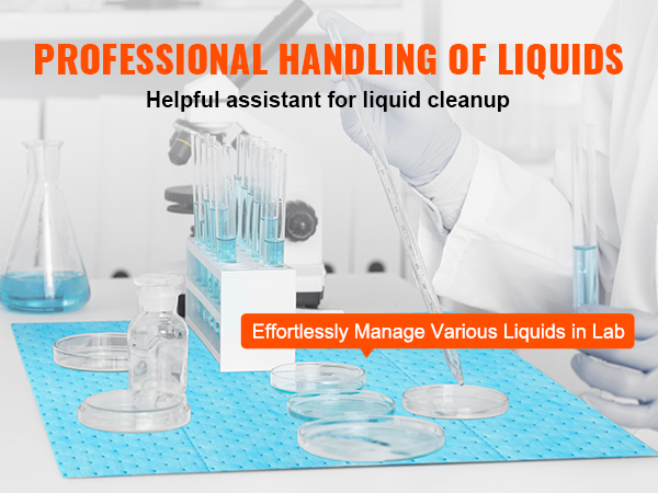 lab setup with VEVOR absorbent pads for efficient liquid cleanup, highlighting test tubes and petri dishes.