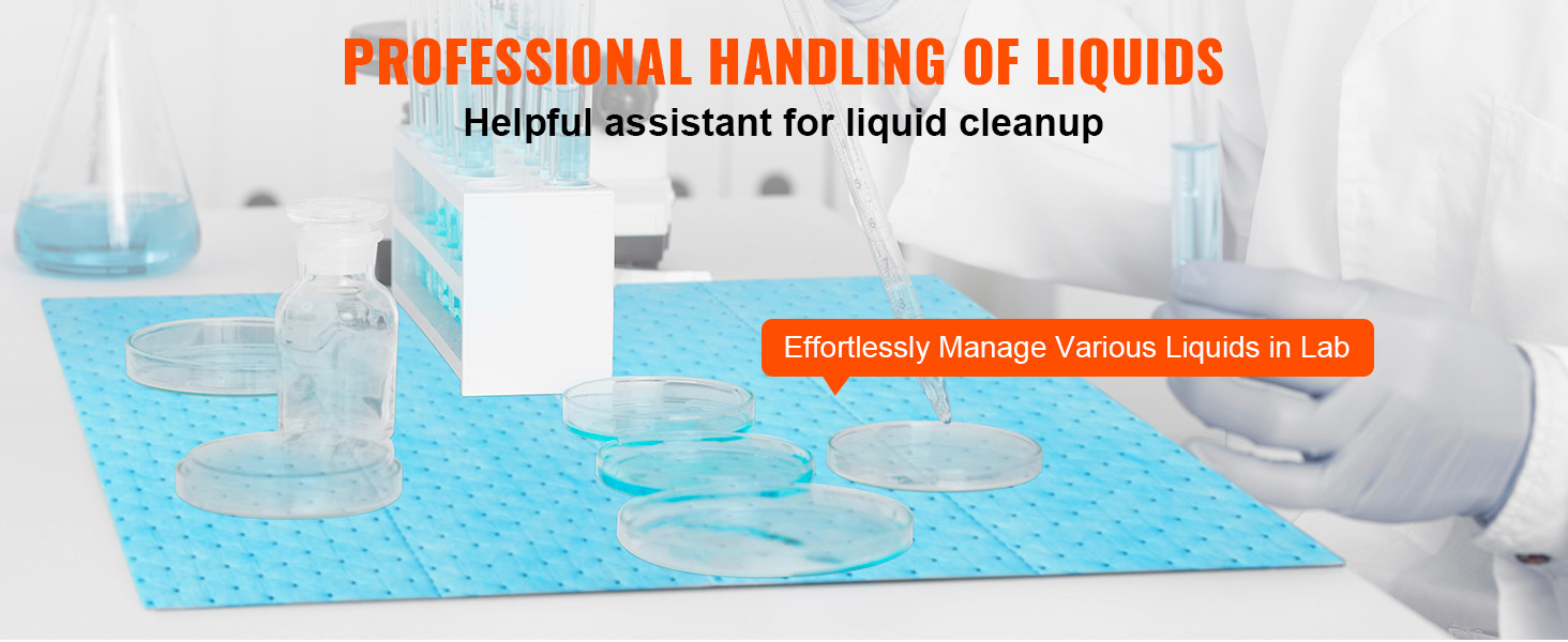 lab setup with VEVOR absorbent pads for efficient liquid cleanup, highlighting test tubes and petri dishes.