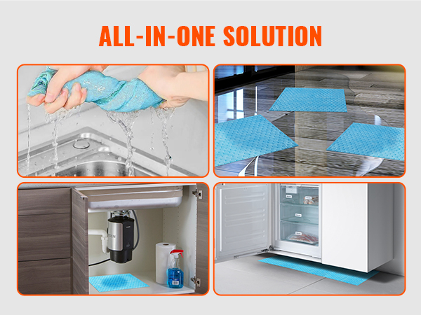 VEVOR absorbent pads shown in four uses: wringing, soaking water, under sink, and under fridge.