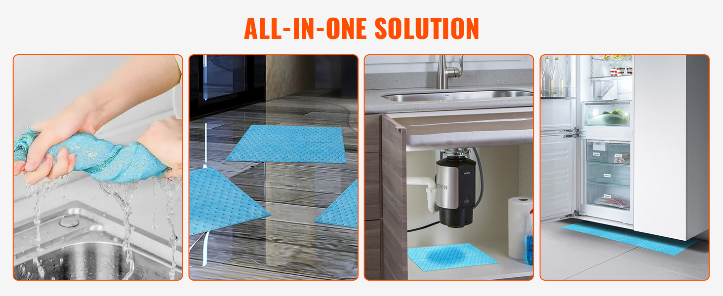 VEVOR absorbent pads shown in four uses: wringing, soaking water, under sink, and under fridge.