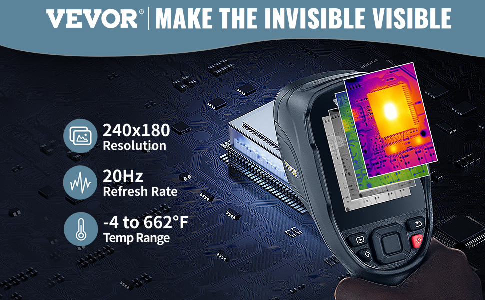 VEVOR thermal imaging camera with 240x180 resolution, 20hz refresh rate, and -4 to 662°f temp range.