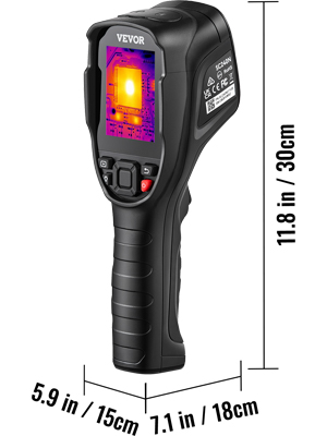 VEVOR thermal imaging camera with ergonomic handle, vivid screen, and measurements of 11.8in x 5.9in.