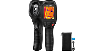 VEVOR thermal imaging camera with lcd screen and accessories, displaying a thermal image.