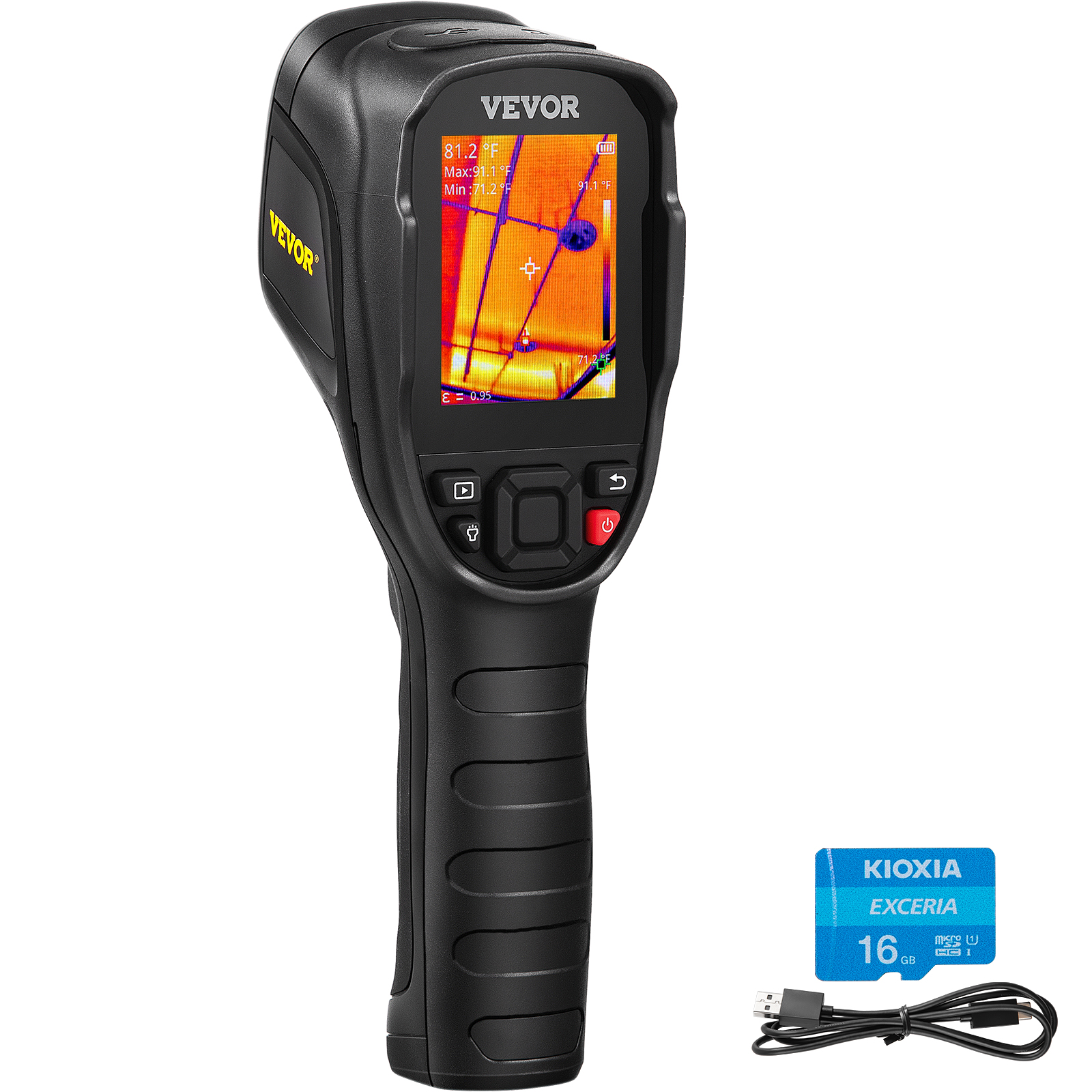 VEVOR thermal imaging camera with touchscreen, ergonomic design, kioxia exceria 16gb microsd card, and usb cable.